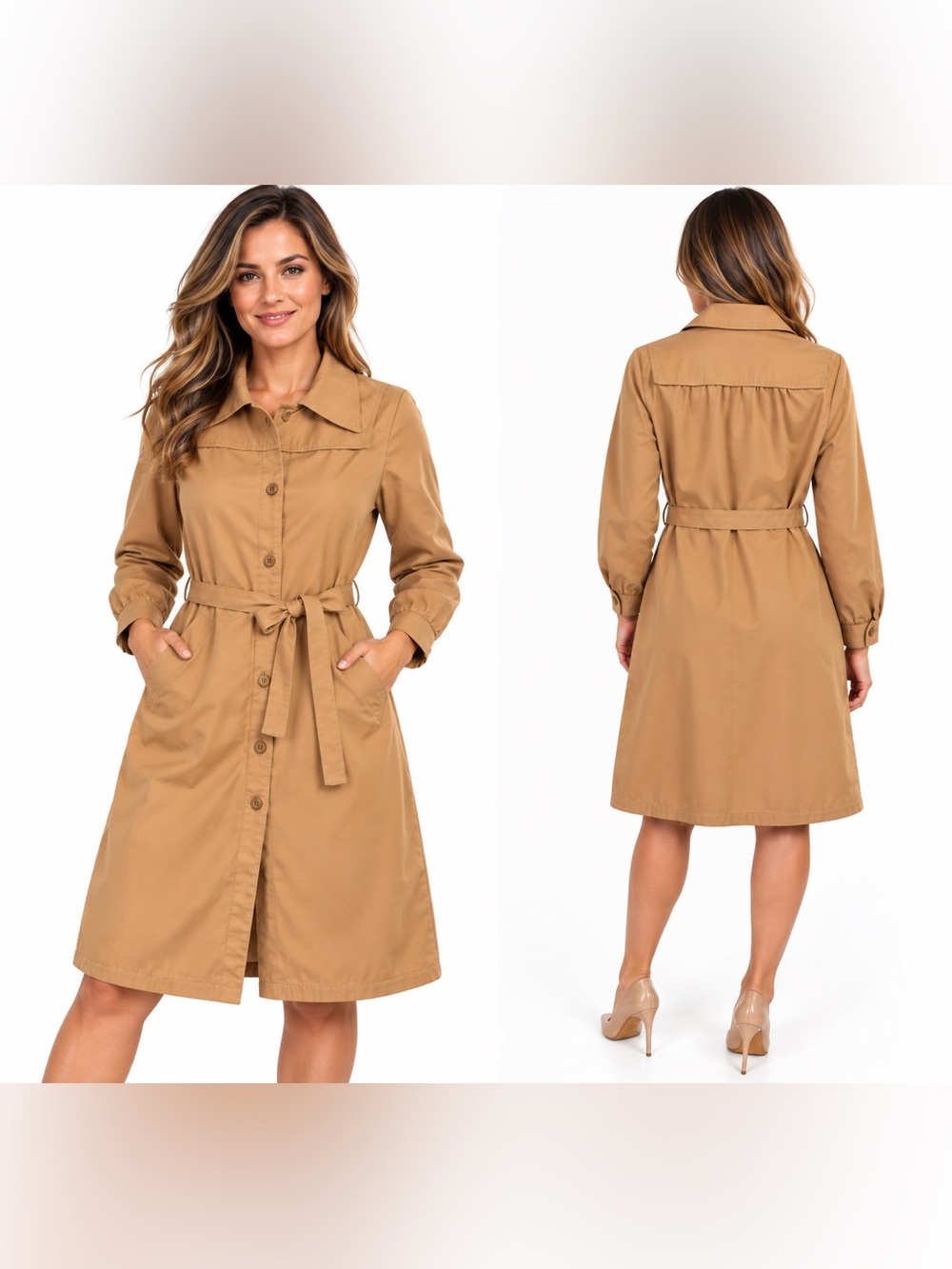 London Fog Tan Belted Button-Front Long Sleeve Dress